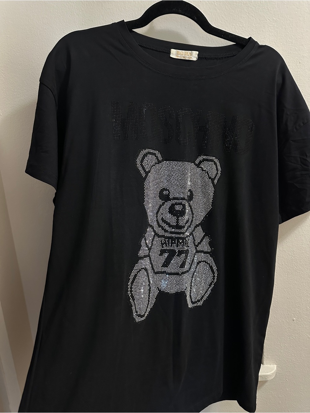 Black Short-Sleeve Tee with Crystal Teddy Motif